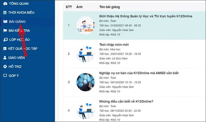 Giao diện bài giảng trên K12Online