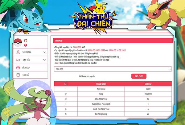 Tích nạp game Thần Thú Đại Chiến