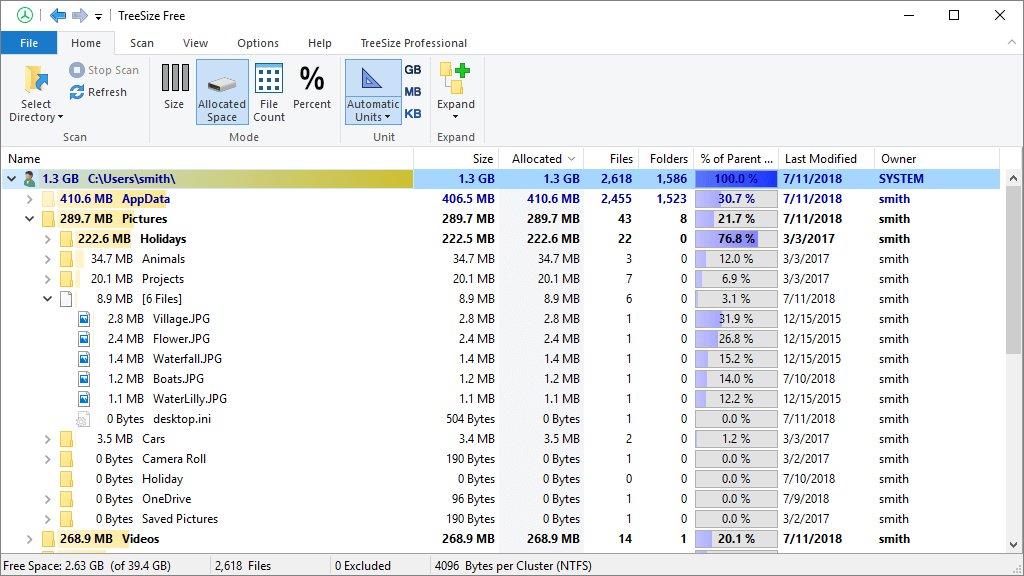 Giao diện TreeSize Free