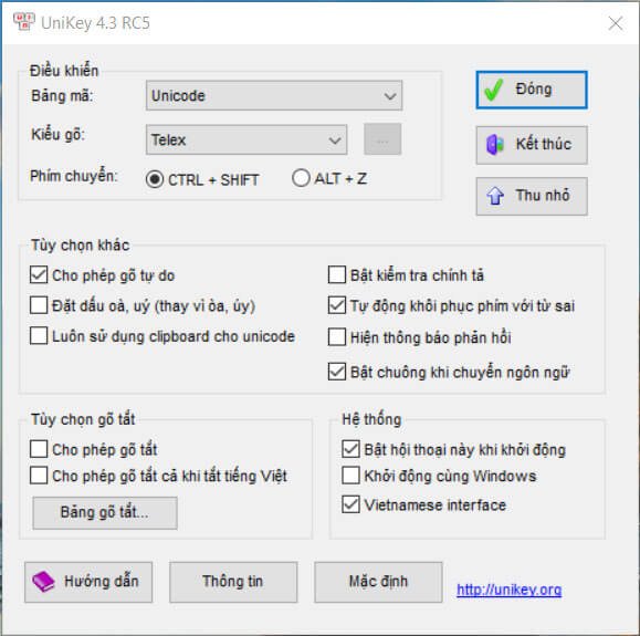 Bảng điều khiển chi tiết của phần mềm bộ gõ Tiếng Việt UniKey